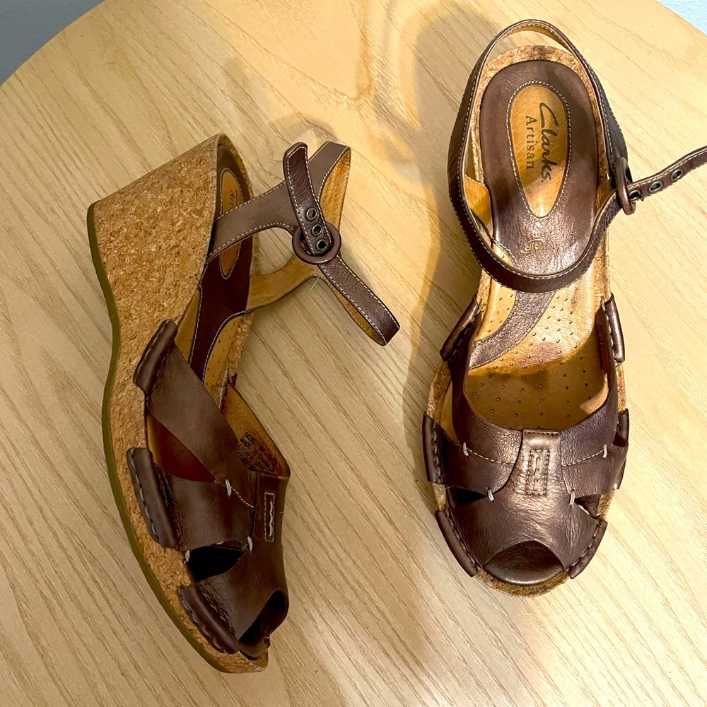 Clarks Artisan Cork Wedge Sandals Bronze